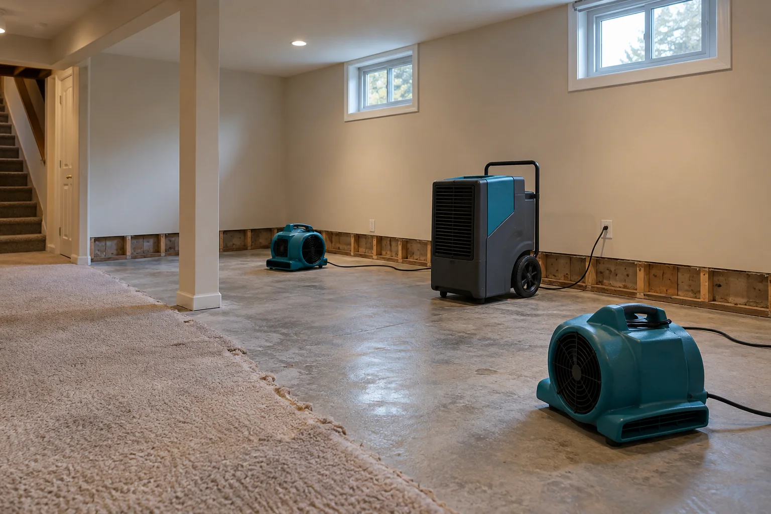 Air movers and a dehumidifier in an illustrative residential basement drying setup