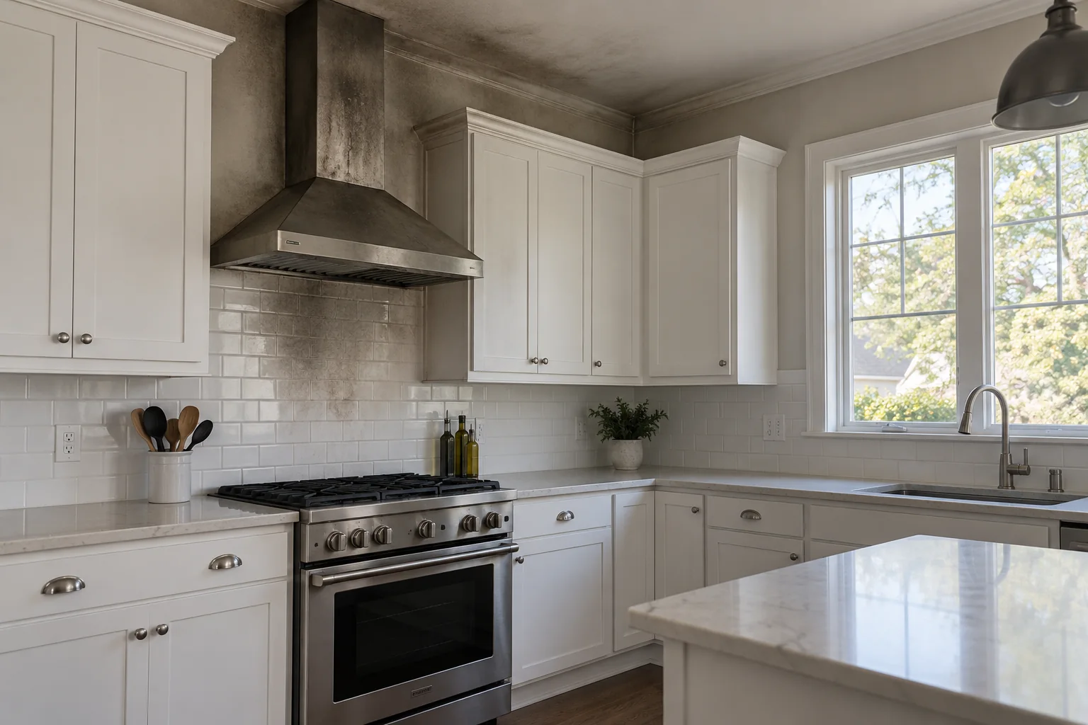 Illustrative kitchen showing smoke and soot staining