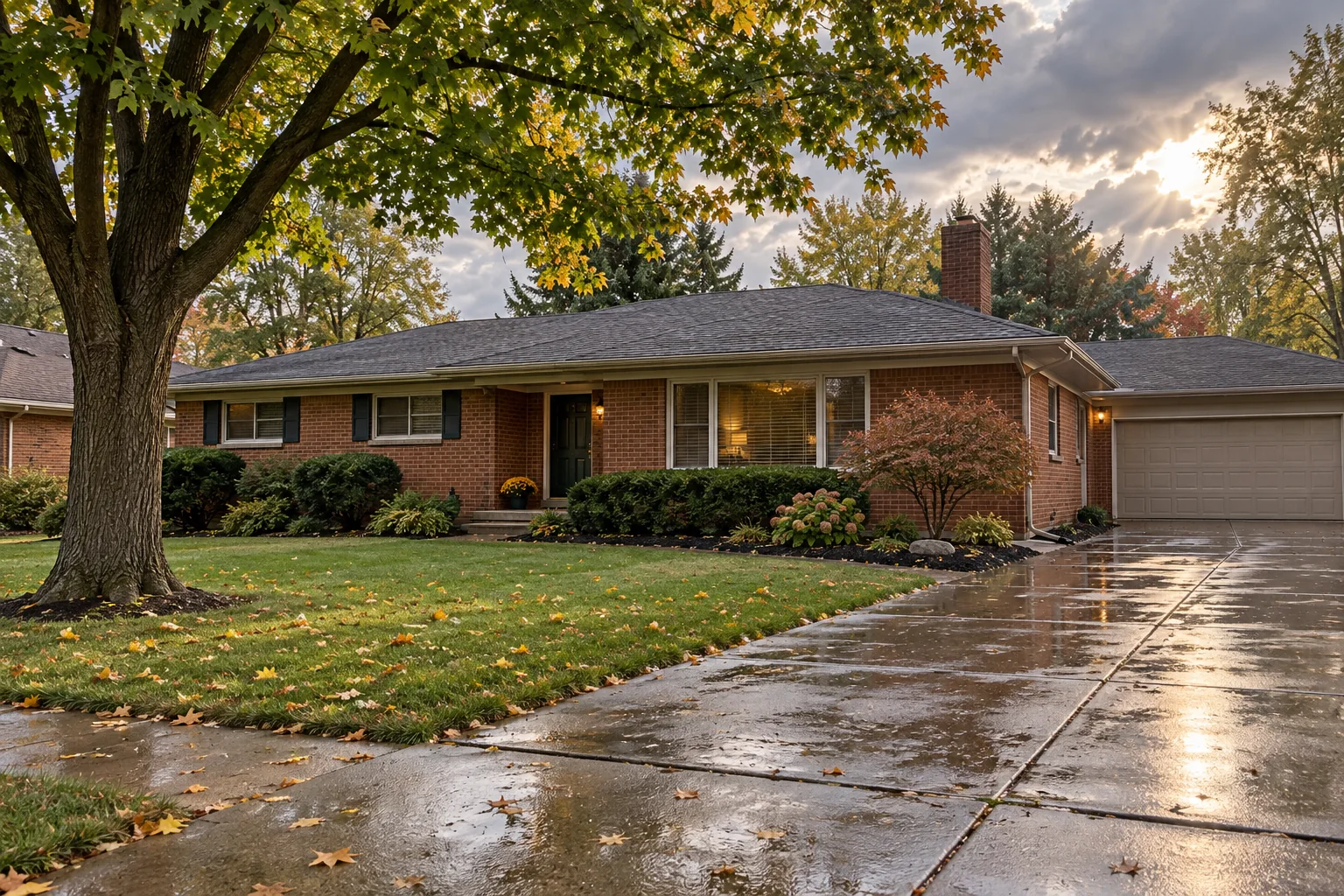 Illustrative southeastern Michigan brick ranch home after rain