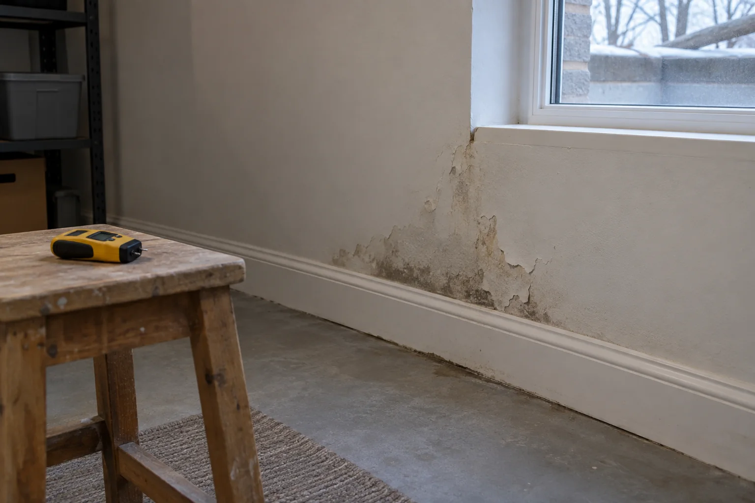 Illustrative moisture staining along a basement wall beneath a window
